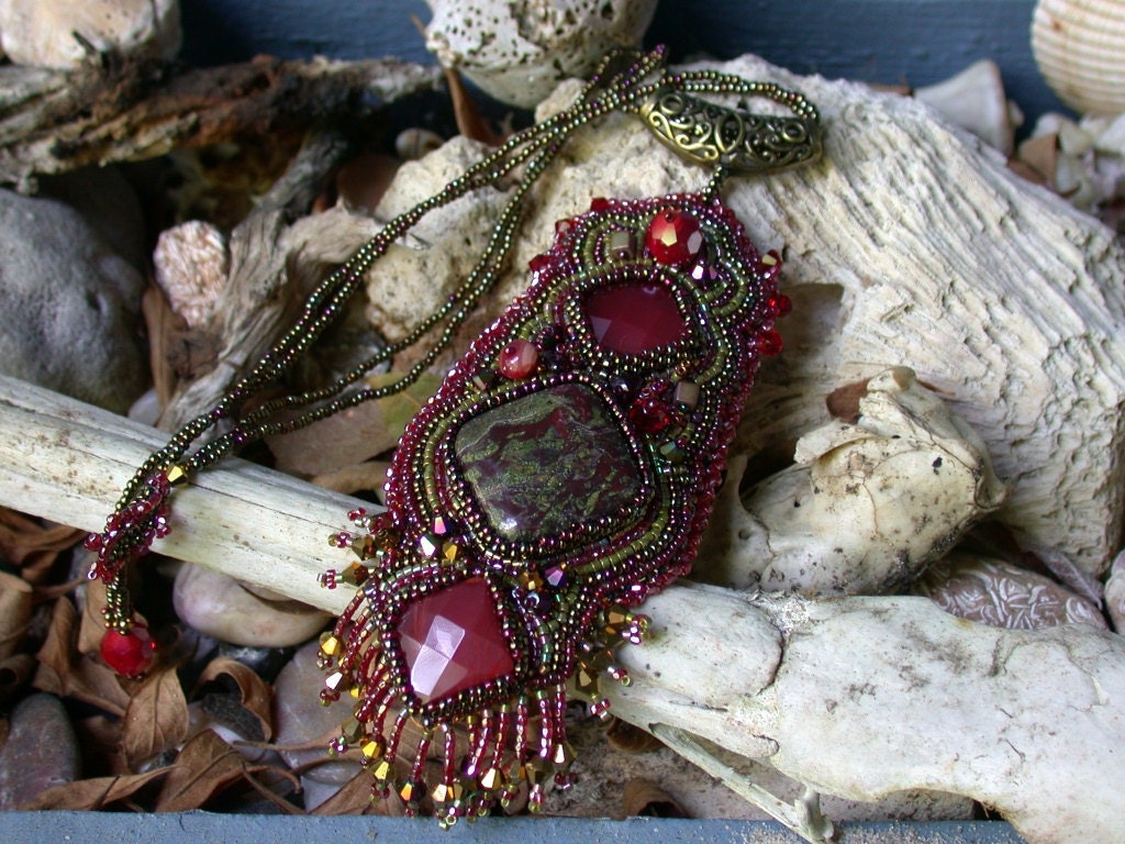 Dragon's Blood Talisman--Bead Embroidery necklace/pendant - WanderingFireGallery
