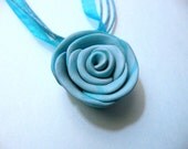 Aqua Rose Pendant organza ribbon necklace - handmade polymer clay jewelry