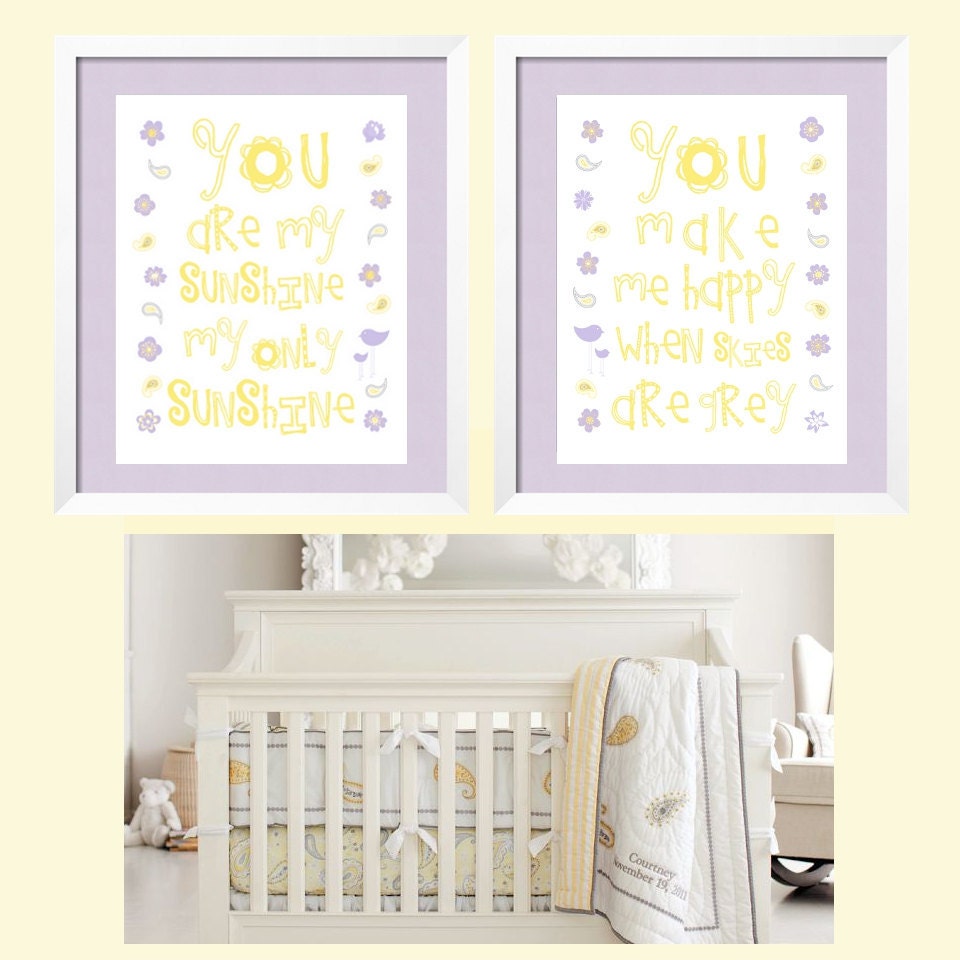 You Are My Sunshine Print Duo Set - Flower Garden, birds and paisleys  in yellow, lavender and grey 11 in x 14 in by YassisPlace