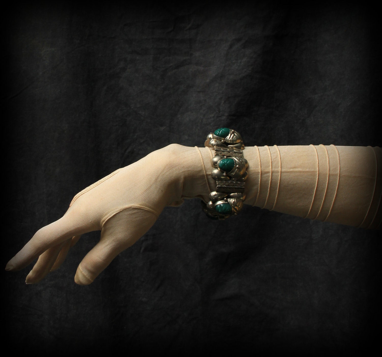 Antique Genie Carved Jade & Silver Bracelet . Segmented Cuff . 1930s . Deco - VeraVague