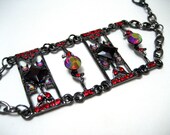 Gothic Red Rhinestone Metalwork Bracelet - Gunmetal filigree with crimson blood red crystal accent chunky cuff - Rocker Chic