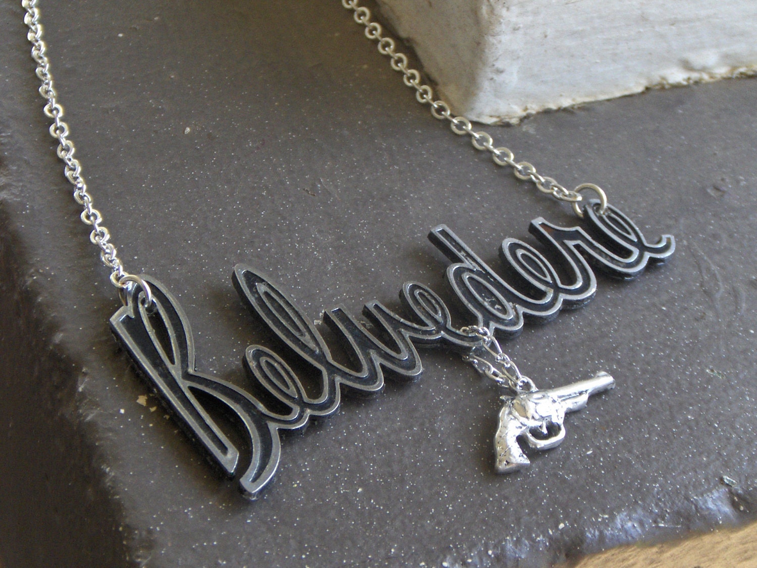 The Detroit Belvedere Moll,  The Deadliest Assassin - Vintage Chrome Plymouth Belvedere Car Emblem and Sterling Silver Pistol Necklace