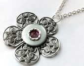 Metal and dark pink Silver Filigree Flower Pendant Necklace, Steampunk