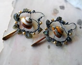Beaded Earrings - Shells and Pearls - Steel Wire Hoops - Wire Wrapped - Vintage Charms -Rustic Earrings - Beaded Earrings