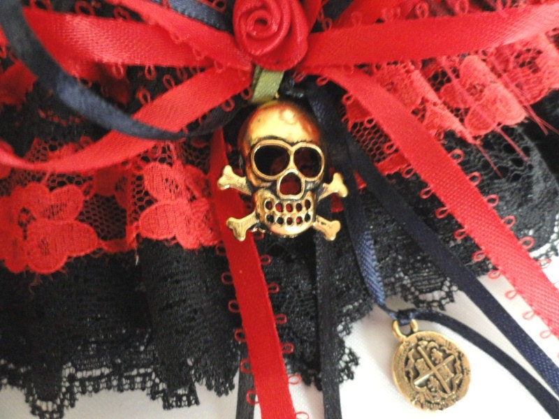 Red and Black Lace Pirate Wench Garter-Skulls-Gold Dubloons
