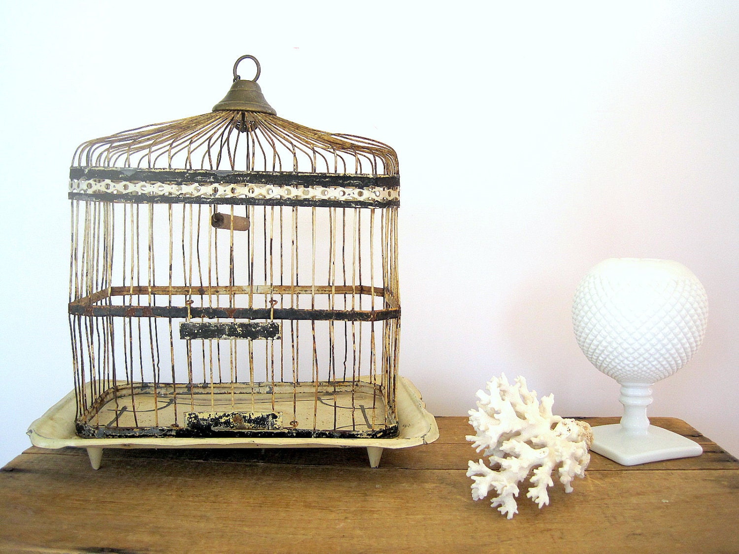 Antique Birdcage Shabby Cream White Patina /Cottage Decor