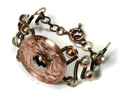 Steampunk Neo Victorian Bracelet - Copper brass Vintage Czech Glass dragonfly art nouveau peach silver Button
