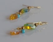 Artsy Beaded Glass Earrings, Swirling Shades of Amber, Aqua and Olive Green
