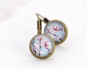 Cherry Blossoms Earrings Wearable Photo Art Vintage Inspired - Shabby Chic- Pink and Blue