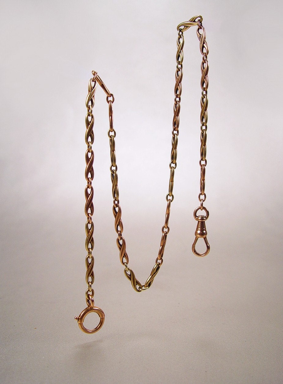 Antique 14K Gold Pocket Watch Chain Rose Yellow Vintage 1890s Mens Jewelry