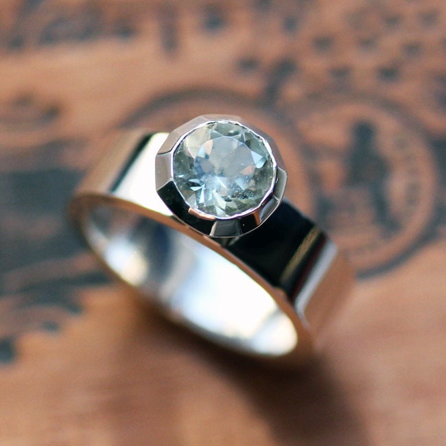 Green amethyst ring, modern bezel, alternative engagement ring, wide band, faceted metal, size 7