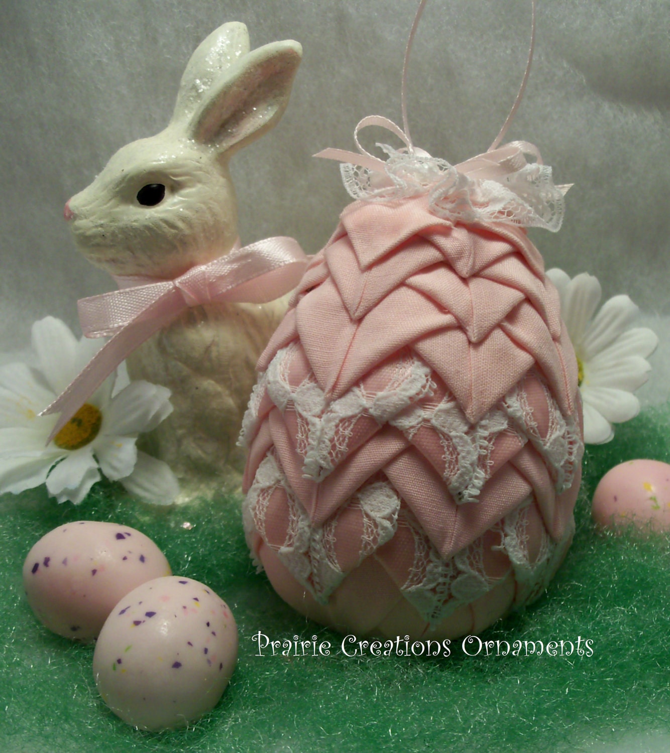 Quilted Ornament Easter Egg Shabby Pink with Lace