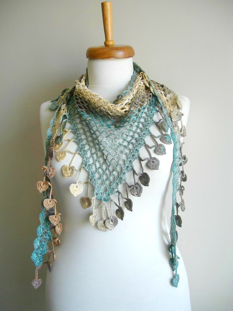 Spring 2012, Merserized Triangle  Beige and green Scarf  By Crochetlab, Gift for mom,  Mothers day gift