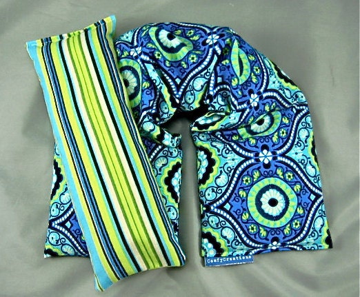 Therapeutic Neck Shoulder Wrap Eye Pillow Set Organic Flaxseed Rice Lavender Scented Amy Butler Lark Treasure Box Ocean