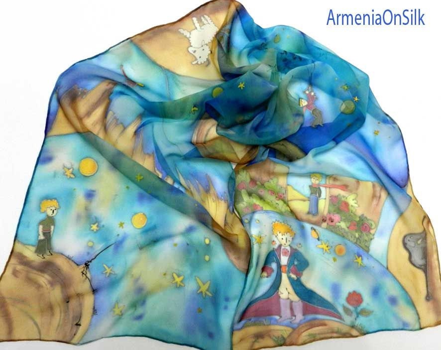 Hand painted silk scarf  Little Prince. Made to order. Free worldwide shipping.