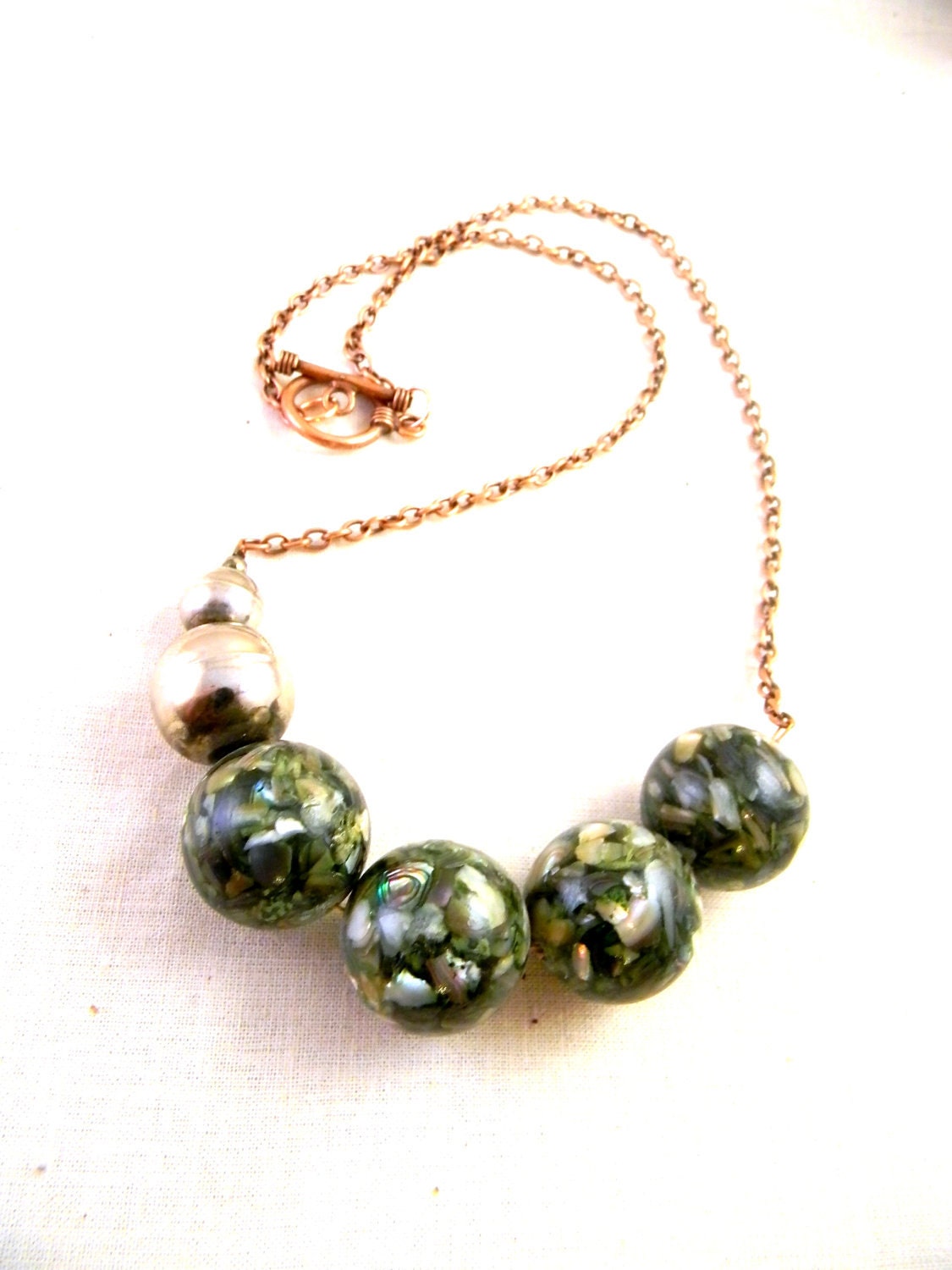 Spring Necklace, Green, Silver, Abalone Beads, Modern, Organic Jewelry, Boho