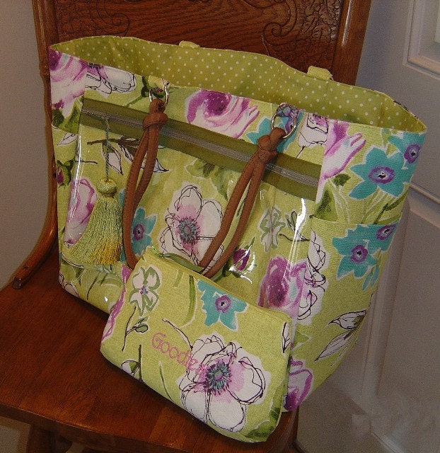 Large Lime Green and Pink Roses Craft Knitting Crocheting Diaper Tote Bag with Small Goodie Bag and OODLES of Pockets