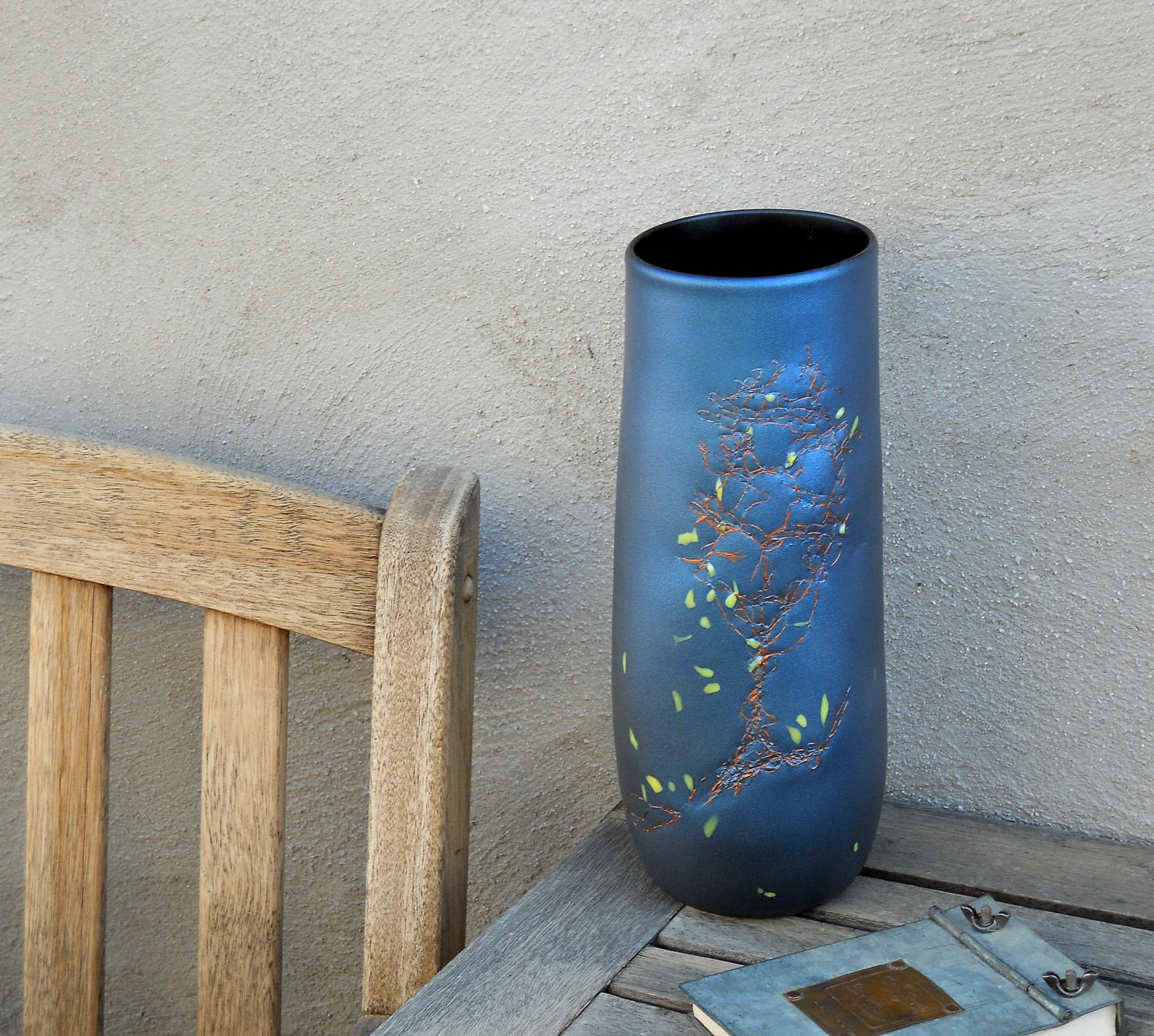 Blue Black Iridescent Midnight vase with copper tree, Blown Glass Arbour Series