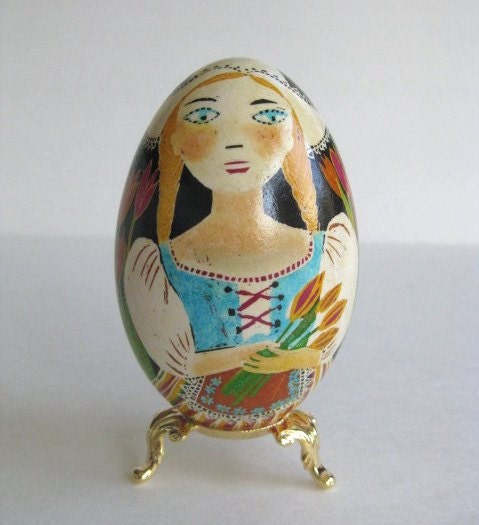 Dutch Girl in a costume and a Goose on a large Goose egg shell, batik painted pysanka