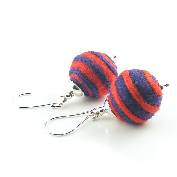 Needle Felted Earrings, Handcrafted Sterling Silver & Merino Wool. Red and blue spiral felt balls