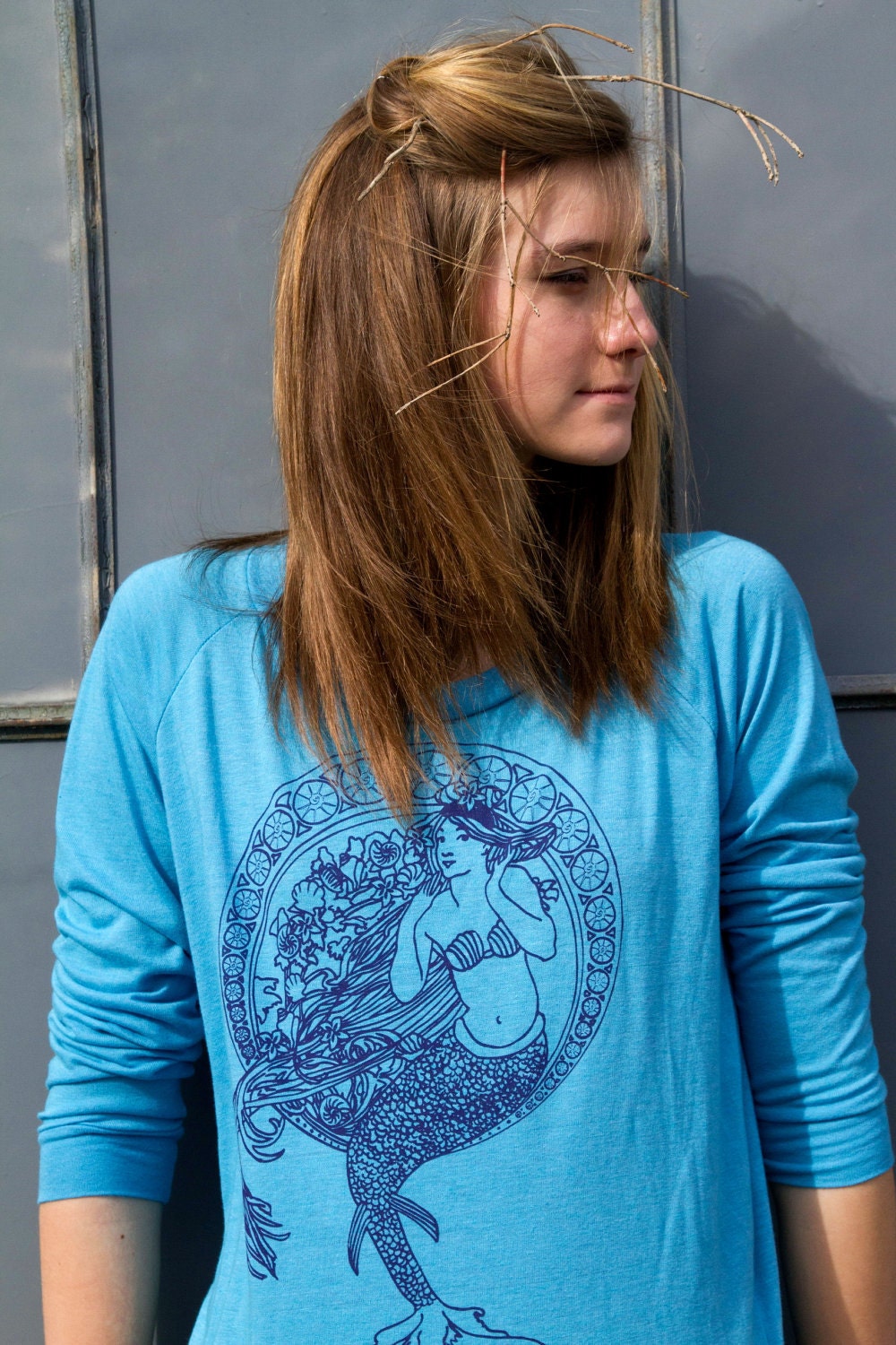 Mermaid Long Sleeve Shirt Womens Organic Cotton Turquoise LARGE