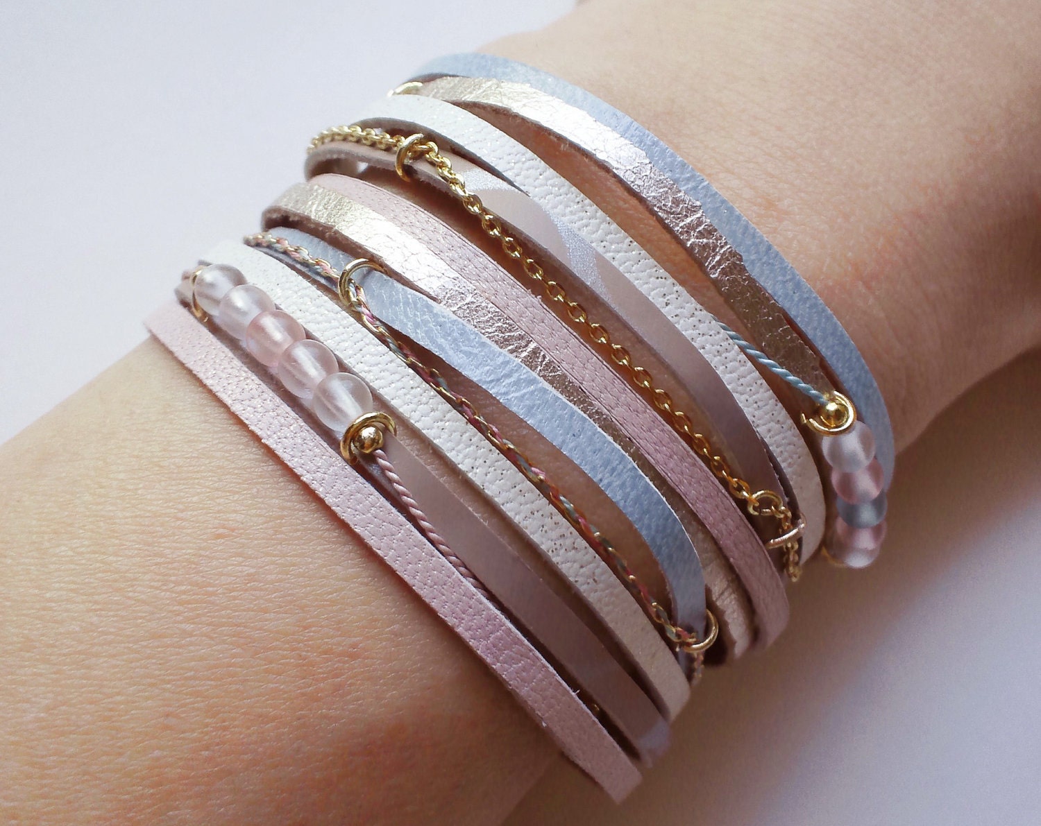 50 % off SALE - layered cuff bracelet with leather, chain, strings & beads in pastel colors- LIKE QUOLIAL on Facebook and get free shipping - QUOLIAL