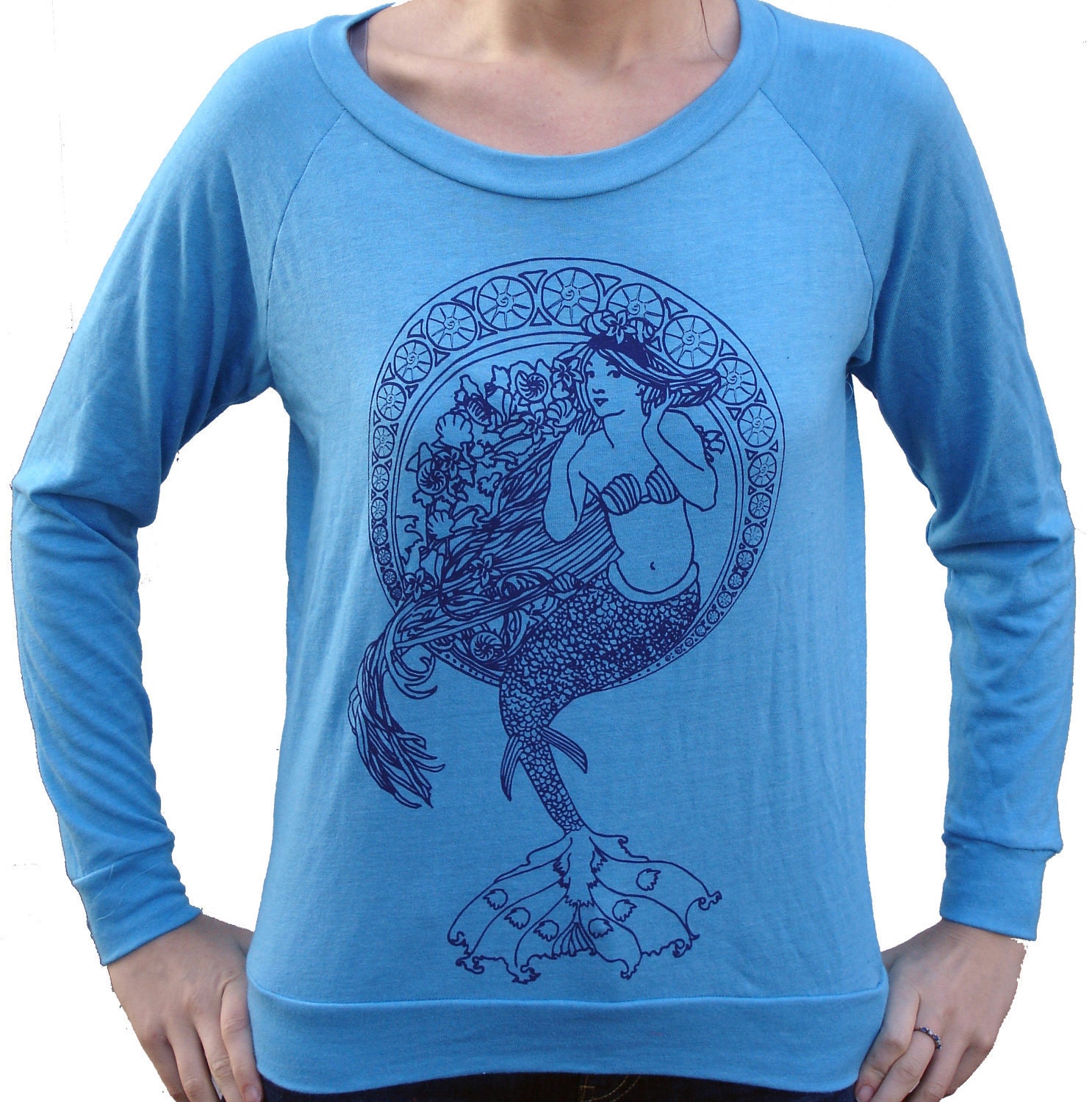 Mermaid Long Sleeve Shirt Womens Organic Cotton Turquoise XLARGE