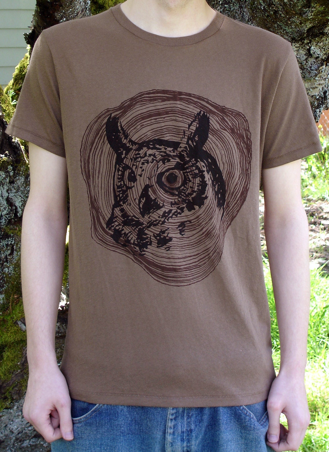 Owl Tee Organic Cotton Unisex Crew in Brown MEDIUM