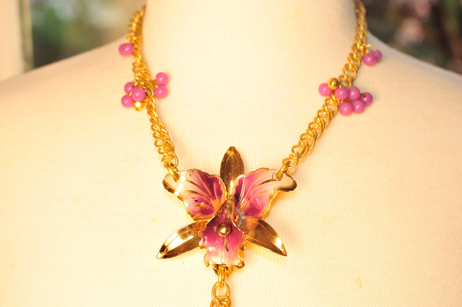 Handmade Vintage Enamel Orchid Necklace