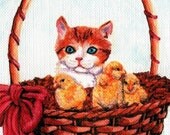 Spring Chicks Basket with Kitten Card, 5x7 Art Print