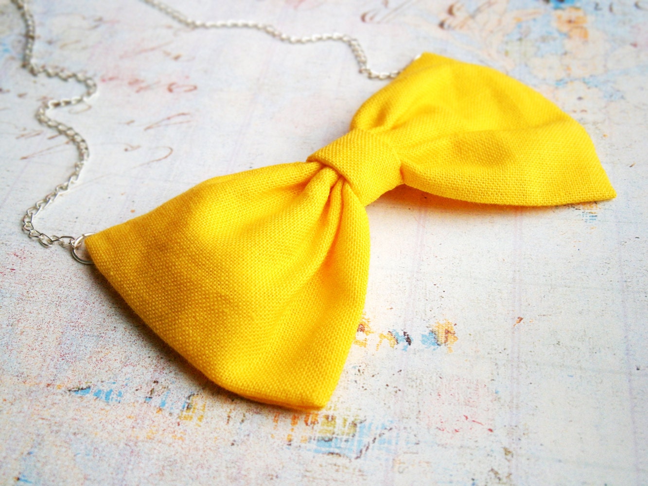 Yellow bow tie necklace Fabric bow pendant with silver chain 20"  Canary Golg Honey Sun Mother's day Gift