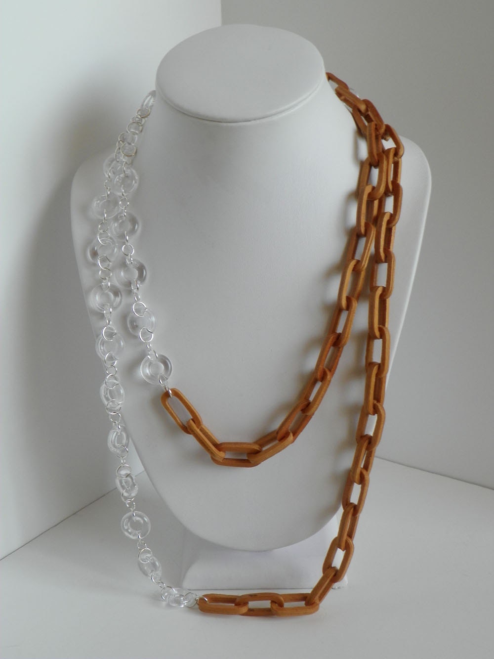 Clear Lucite & Wood Link Chunky Long Chain Necklace - Revamped Vintage one of a kind