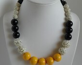 Chunky Yellow & Black Onyx Big Bead Summer Statement Necklace - Revamped Vintage one of a kind