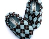Baby Shoes- Handmade Unisex Argyle Crib Shoes in Brown and Blue- Size 0 3 6 12 months Booties