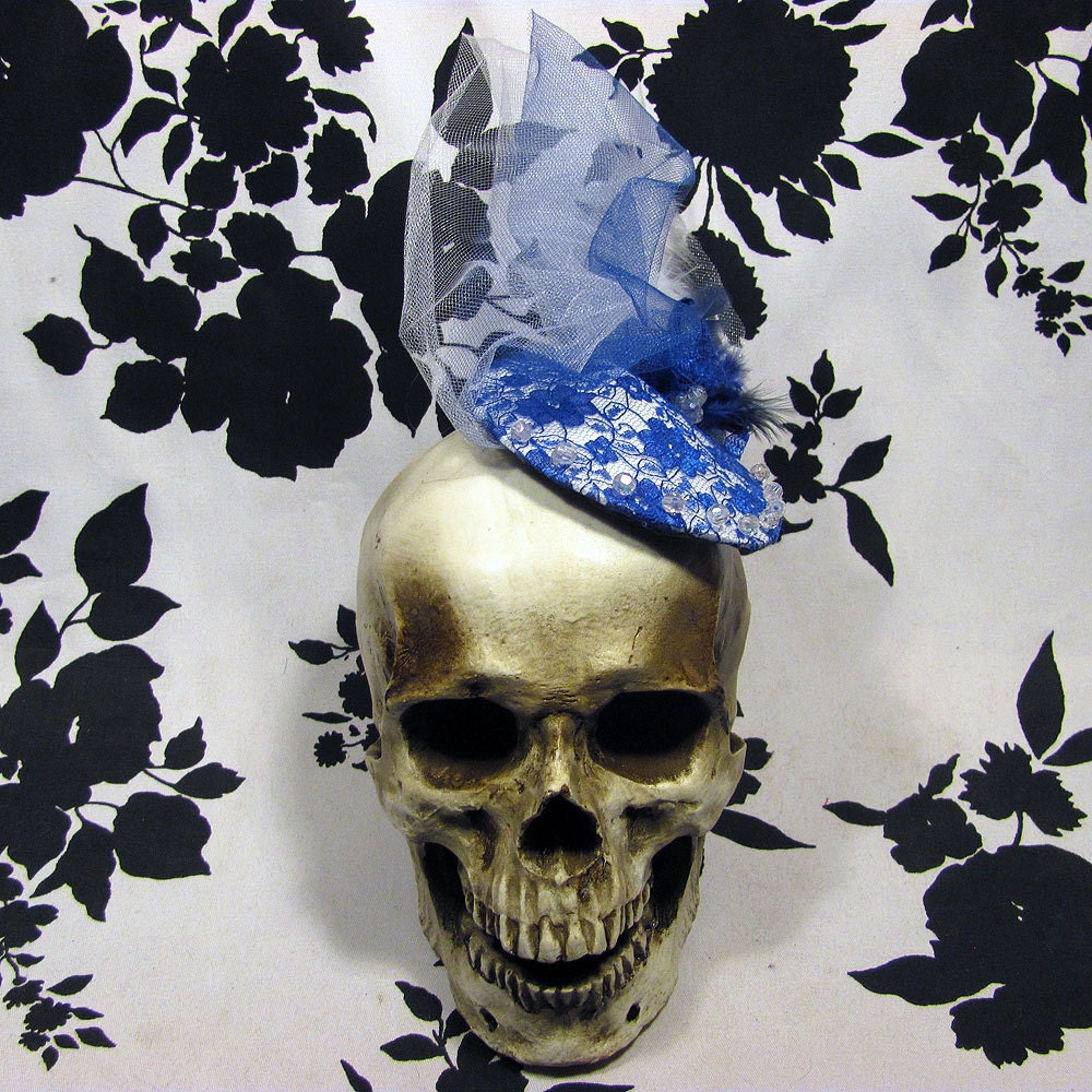 Blue and White Lace Overlay Goth Burlesque Fascinator Hat - Warning Label Creations - Darling Cold and Blue