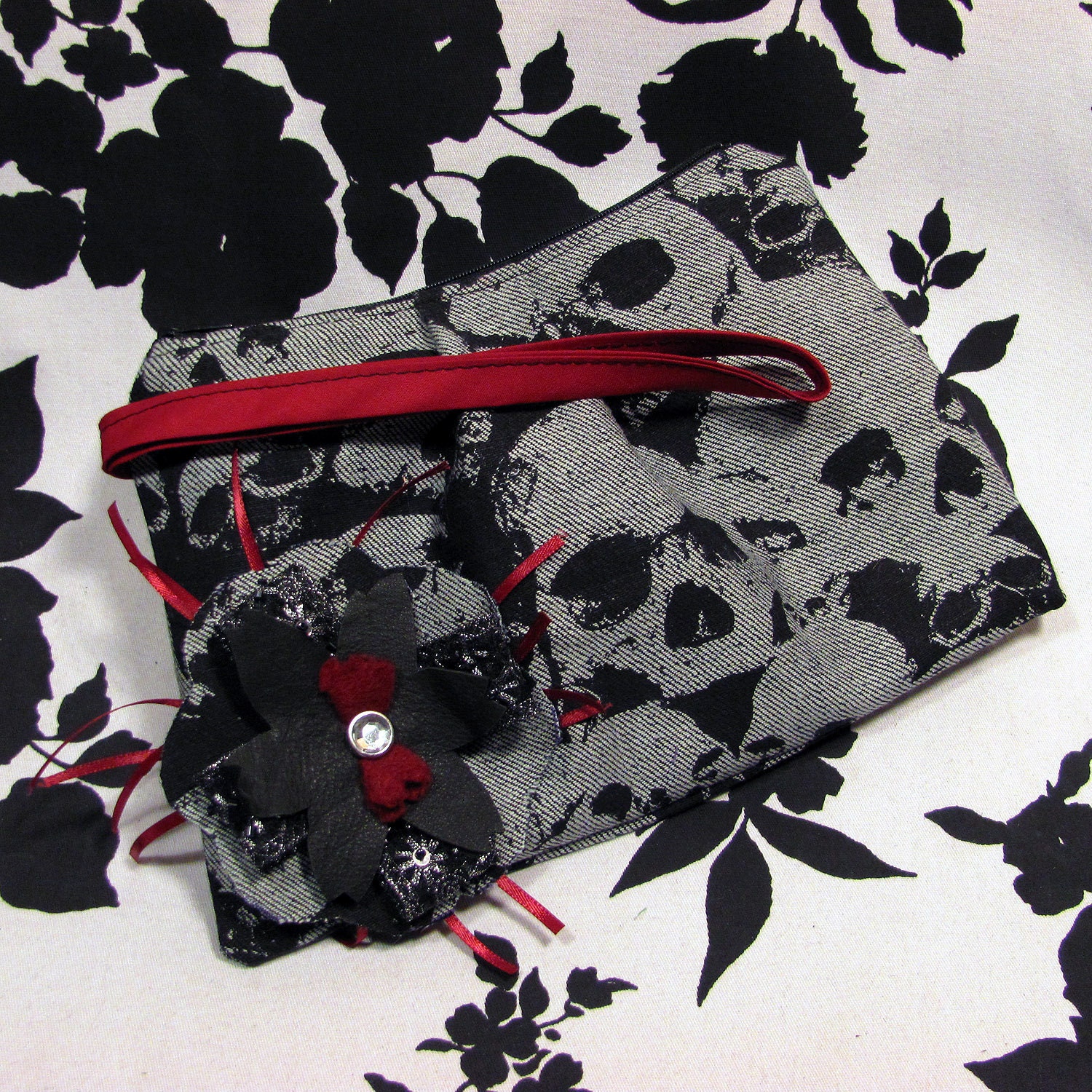 Goth Formal Skulls Prom Zipper Wristlet - The Darkest Red - Warning Label Creations