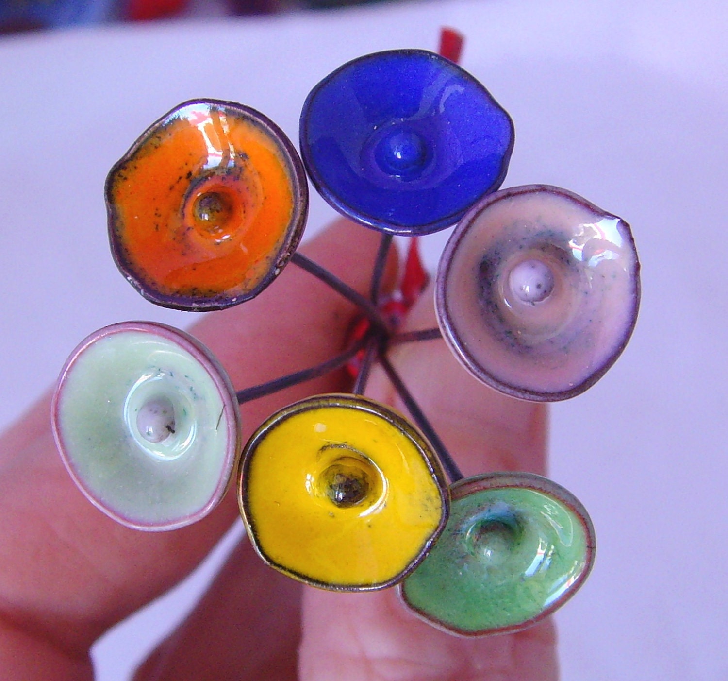 Enameled 'poppy' Headpins by fireballbeeds