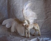 Needle felted Pegasus-- real feathers- white horse sculpture
