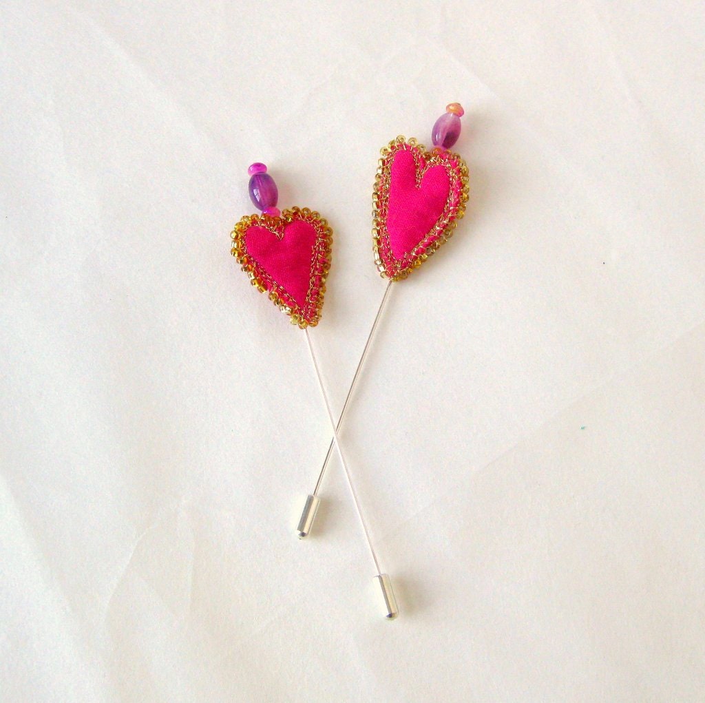 Hat shawl pin beaded pink fabric heart 4 inch Danish