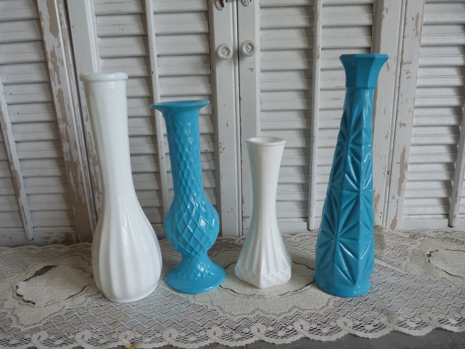 Vintage Upcycled Glass Vases Turquoise Blue And White Milk Glass Set of 4 Spring Summer Decor Apartment Decor Cottage Chic