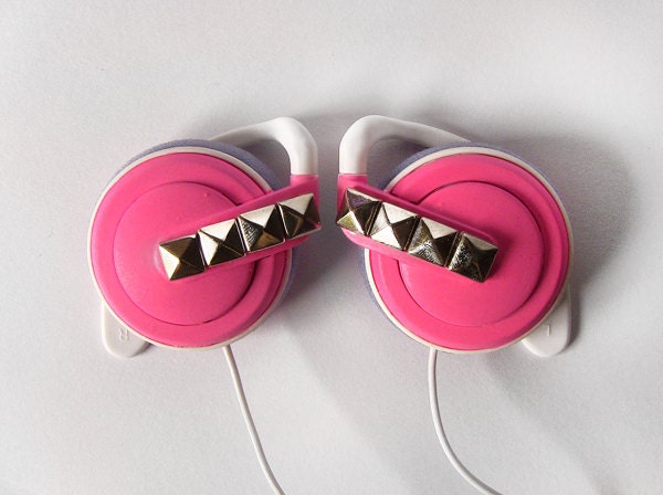 Headphones earphones in neon pink with silver stud trend style girly accessories