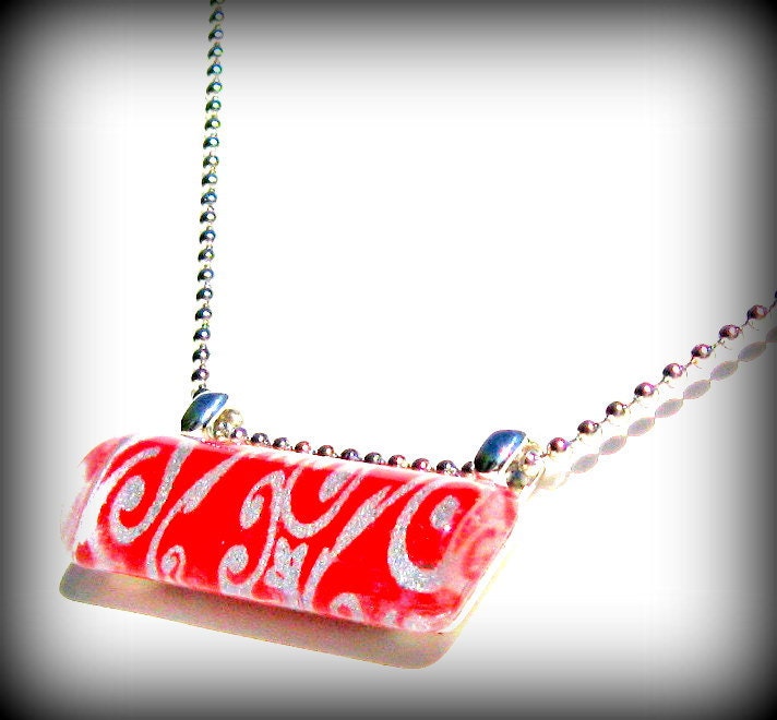 Red and Silver Pendant. Glass Bar Pendant Necklace. Japanese Chiyogami: In Love With Ruby