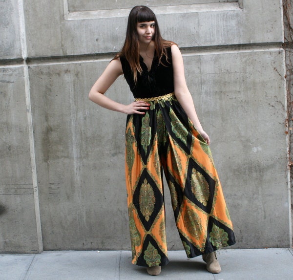 RESERVED for meganrose VELVET & PAISLEY - Wide Palazzo Leg Jumpsuit - Coin Belt - small to medium
