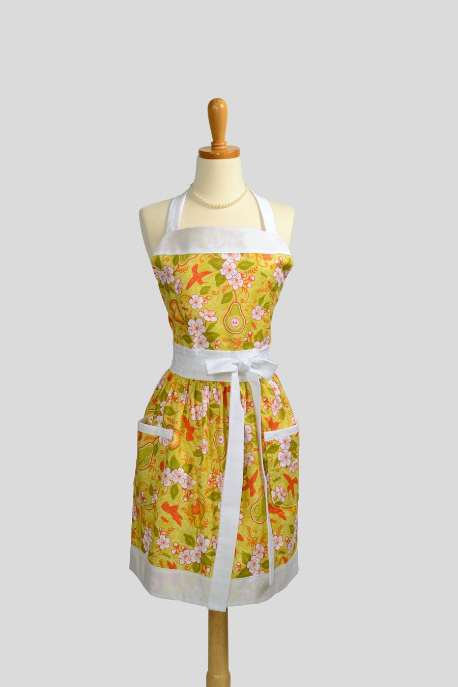 Womens Bib Apron . Classic and Sophisticated Design In Riley Blakes Hummingbirds and Pear Bloosoms