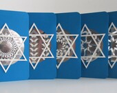 HANUKKAH Greeting Cards Handmade With Intricate Lace Paper Cuts in Metallic Silver Paper and Set in Blue & White. Set of FIVE