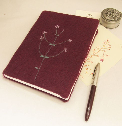 handmade felted wool notebook in purple decorated with blooming branch - lewin