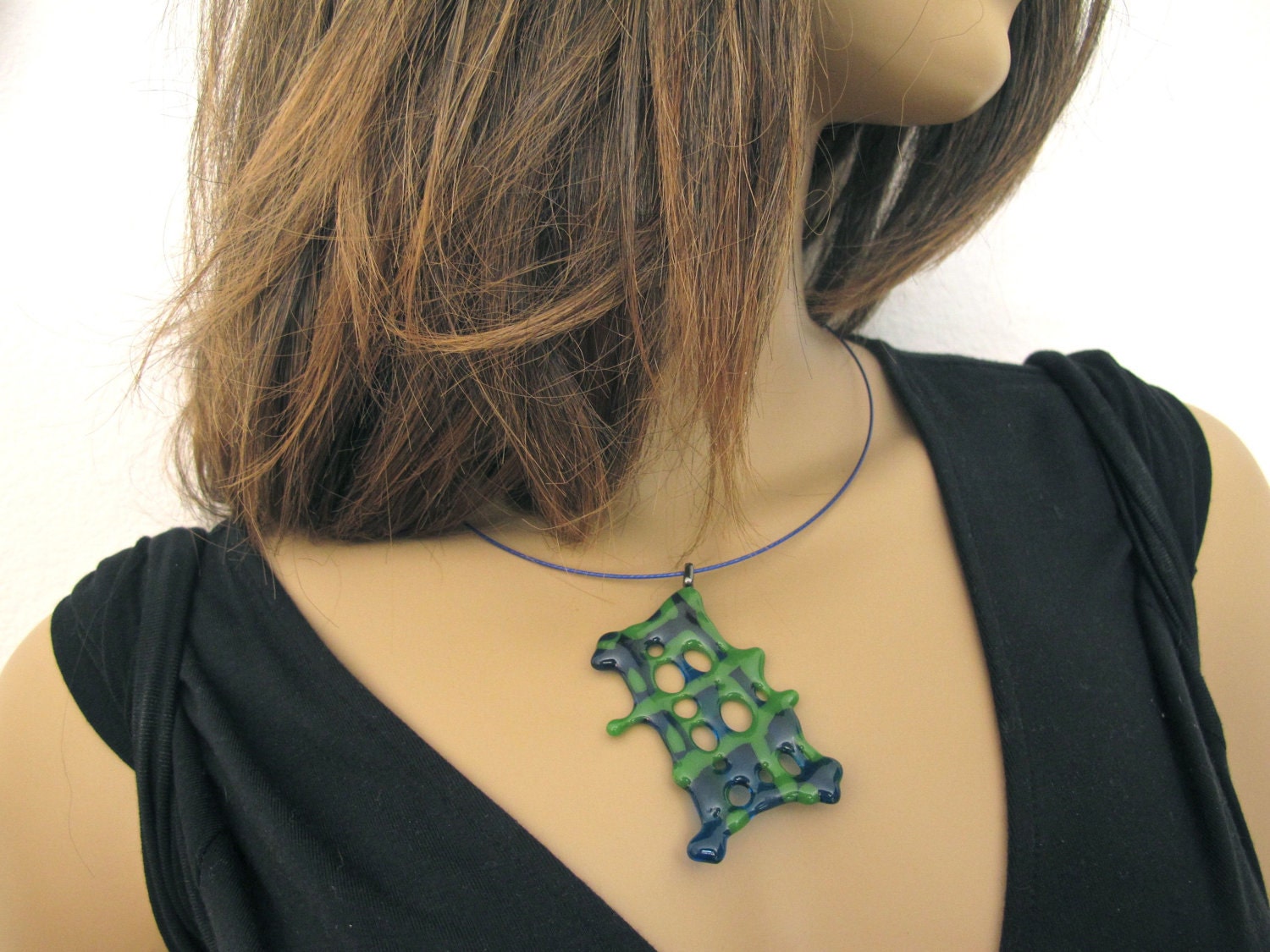 Woven Blue,Green Fused Glass Choker