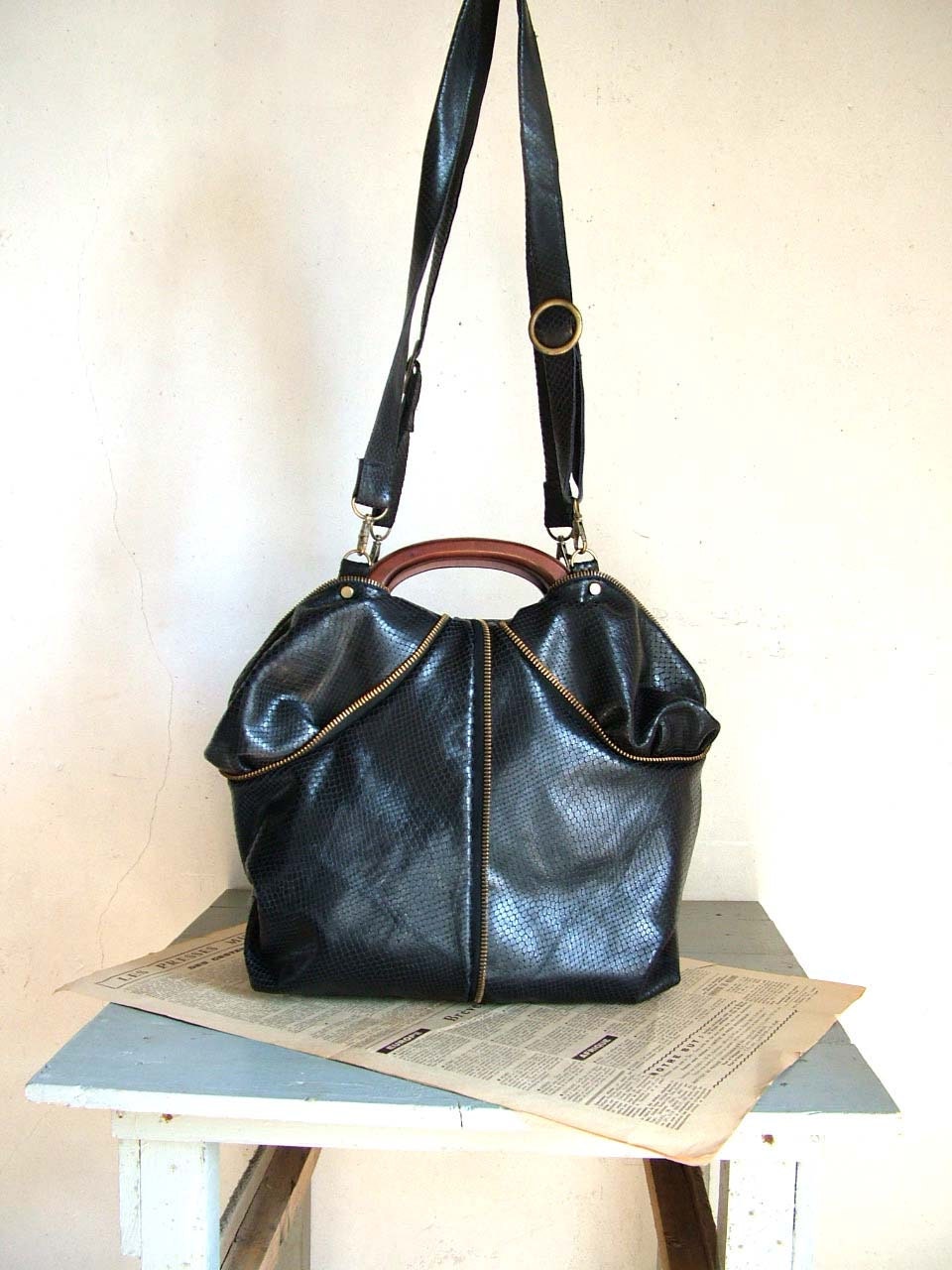SALE Black Leather Bag  with Faux Python Effect. Brass Zipper Detail - Ready To Ship - 30% off listed price with coupon code 'SALE30'