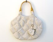 crude white tote bag - knitted in cotton with rattan handles