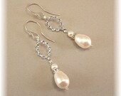 White Pearls, Dainty Rhinestone Pearl Earrings, Wedding Day Rhinestone and White Pearl Drop Earrings, Dainty Chandelier Rhinestone Earrings